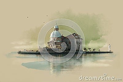 The Church on the island (Gospa OD Skrpjela) in Perast, Montenegro. Watercolor sketch. Sepia. Stock Photo