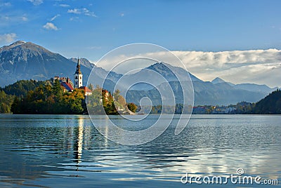 Church on the island of Lake Bled Stock Photo