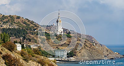 Church-lighthouse of St. Nicholas Miracle-Worker of Myra. Temple of St. Nicholas Mira patron saint of travelers and sailors Editorial Stock Photo