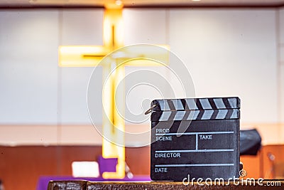 The church live streaming team is preparing program for The Christian sunday service or worship at the church Stock Photo