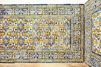 Portuguese pattern tiles plinth -padrao- of San Francisco church in Evora. Alentejo Portugal Editorial Stock Photo