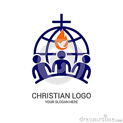 Church logo and biblical symbols. The unity of believers in Jesus Christ, the worship of God, participation in the evening Vector Illustration