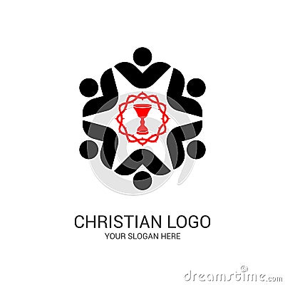 Church logo and biblical symbols. The unity of believers in Jesus Christ, the worship of God, participation in the evening Vector Illustration