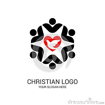 Church logo and biblical symbols. The unity of believers in Jesus Christ, the worship of God, participation in the evening Vector Illustration