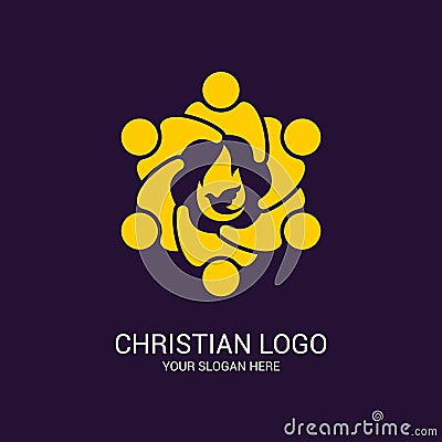 Church logo and biblical symbols. The unity of believers in Jesus Christ, the worship of God, participation in the evening Vector Illustration