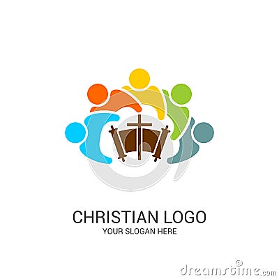 Church logo and biblical symbols. The unity of believers in Jesus Christ, the worship of God Vector Illustration