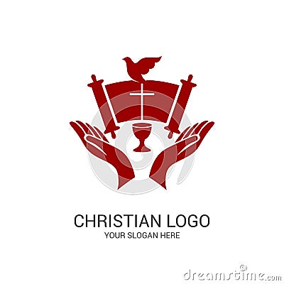 Church logo and biblical symbols. The unity of believers in Jesus Christ, the worship of God, participation in the evening Vector Illustration