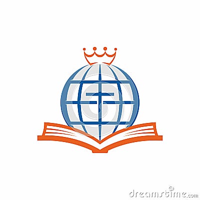 Church logo. Christian symbols. Bible, cross, globe and crown. Vector Illustration