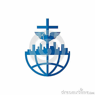 Church logo. Christian symbols. City, Globe, Jesus` cross and dove - the Holy Spirit Vector Illustration