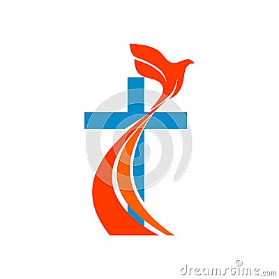 Church logo. Christian symbols. Cross and a flying dove - a symbol of the Holy Spirit. Vector Illustration