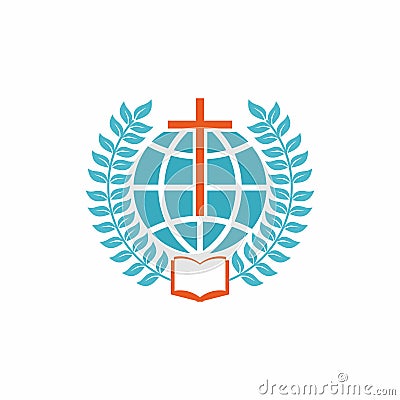 Church logo. Christian symbols. Cross, globe, open bible and laurel branches Vector Illustration