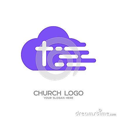 Church logo. Christian symbols. Cross of Jesus Christ against the background of a cloud. Vector Illustration