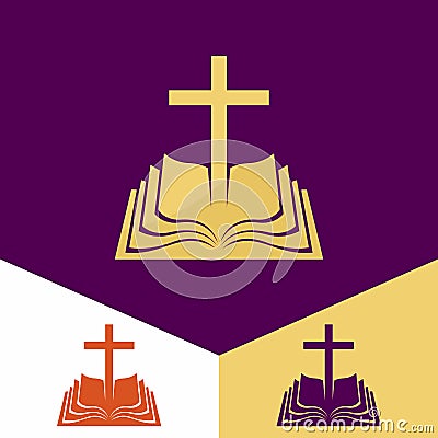 Church logo. Christian symbols. The cross of Jesus Christ and the Bible - the foundation of faith Vector Illustration