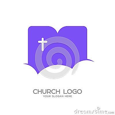 Church logo. Christian symbols. The cross of Jesus Christ, the cloud and the open bible. Vector Illustration