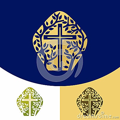 Church logo. Christian symbols. The cross of Jesus Christ and the Holy ScripturesChurch logo. Christian symbols. The cross of Jesu Vector Illustration