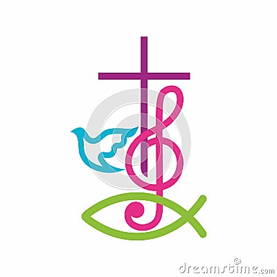 Church logo. Christian symbols. The cross of Jesus Christ and treble clef as a symbol of praise and worship to God. Vector Illustration