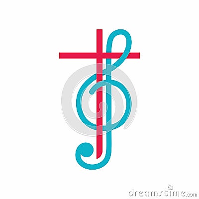 Church logo. Christian symbols. The cross of Jesus Christ and treble clef as a symbol of praise and worship to God. Vector Illustration