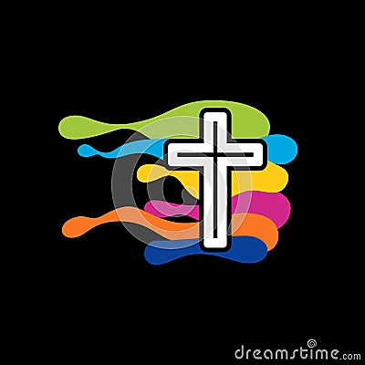 Church logo. Christian symbols. The cross of Jesus and the colored waves. Vector Illustration