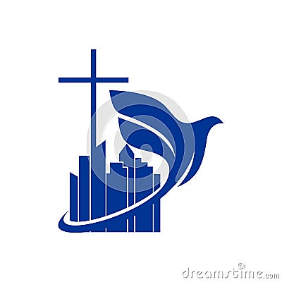 Church logo. Christian symbols. The cross of Jesus and the dove over the city. Vector Illustration