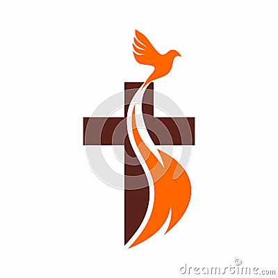 Church logo. Christian symbols. The Cross of Jesus, the fire of the Holy Spirit and the dove Vector Illustration