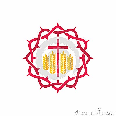 Church logo. Christian symbols. Crown of thorns, cross and wheats Vector Illustration