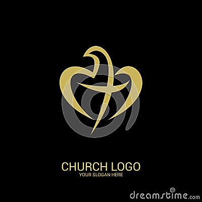 Church logo. Christian symbols. A dove forming a heart, and inside the cross of Christ. Vector Illustration