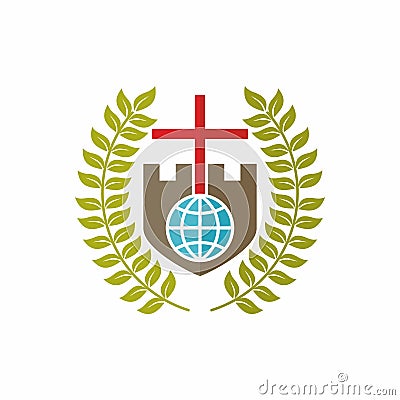 Church logo. Christian symbols. Fortress my God, globe, cross and the laurel branches Vector Illustration