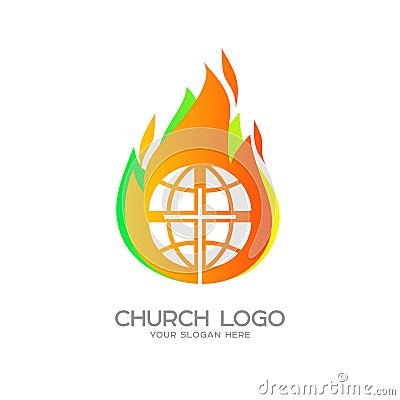 Church logo. Christian symbols. Globe, the cross of Jesus Christ against the background of the flame of the Holy Spirit. Vector Illustration