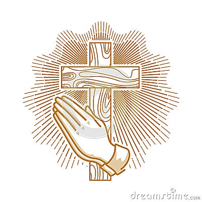 Church logo. Christian symbols. Hands folded in prayer against the background of the cross of the Lord and Savior Jesus Christ Vector Illustration