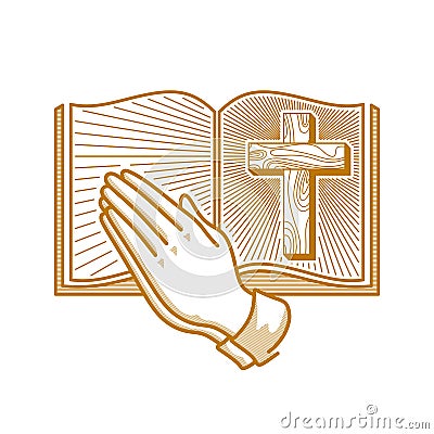Church logo. Christian symbols. Hands folded in prayer against the background of a wooden cross of Jesus Christ and an open bible Vector Illustration