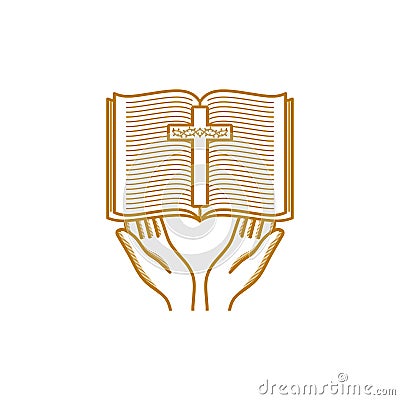 Church logo. Christian symbols. Hands hold an open bible and a cross with the crown of thorns of Jesus Christ Vector Illustration