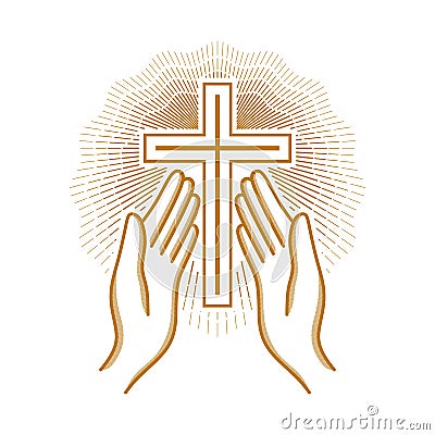 Church logo. Christian symbols. Hands raised to the cross of the Lord Jesus Christ Vector Illustration