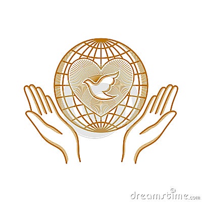 Church logo. Christian symbols. Hands turned to the world beloved of God Vector Illustration