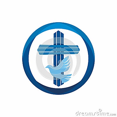 Church logo. Christian symbols. Jesus` cross and dove - the Holy Spirit Vector Illustration