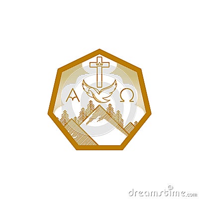 Church logo. Christian symbols. Mountains, the cross of Christ, the dove and the alpha and omega Vector Illustration