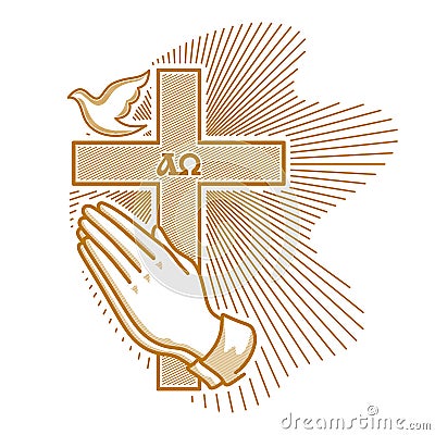 Church logo. Christian symbols. Praying hands on the background of the cross of the Lord and Savior Jesus Christ. Vector Illustration