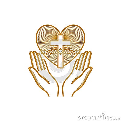 Church logo. Christian symbols. Praying hands are directed to the heart with the crown of thorns of Jesus Christ Vector Illustration