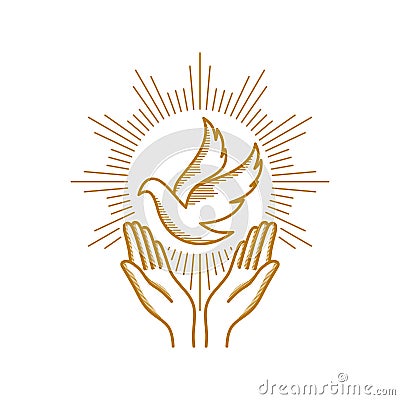 Church logo. Christian symbols. Praying hands and dove - a symbol of the Holy Spirit Vector Illustration