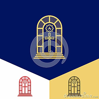 Church logo. Christian symbols. Stained glass, Jesus cross, crown of thorns and flame - a symbol of the Holy Spirit Vector Illustration