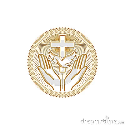 Church logo. Christian symbols. The symbol of the Holy Spirit is the dove, the cross of Jesus Christ, and the praying hands below Vector Illustration