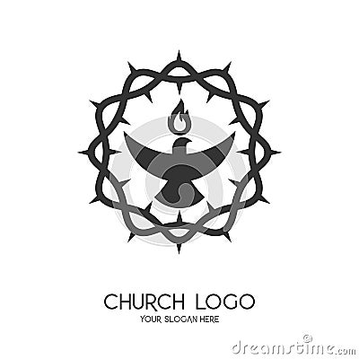 Church logo. Christian symbols. The symbol of the Holy Spirit is a dove. The crown of trinity is a symbol of suffering Vector Illustration