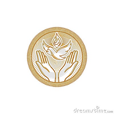 Church logo. Christian symbols. The symbols of the Holy Spirit are the dove and the flame, and below are praying hands Vector Illustration