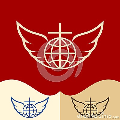 Church logo. Cristian symbols. The cross of Jesus, the globe and the wings of an angel. Vector Illustration
