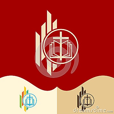 Church logo. Cristian symbols. The cross of Jesus and the open bible Vector Illustration