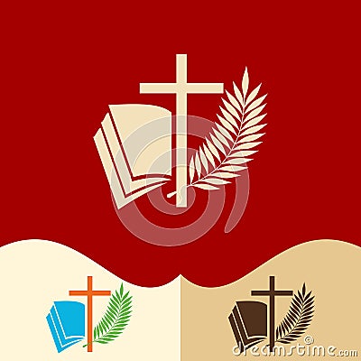 Church logo. Cristian symbols. Cross of Jesus, open bible and palm branch. Vector Illustration