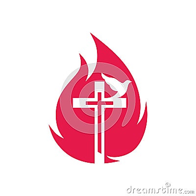 Church logo. The cross of Jesus, the dove and the flame Vector Illustration