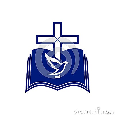 Church logo. The cross of Jesus, the open bible and the dove are a symbol of the Holy Spirit Vector Illustration