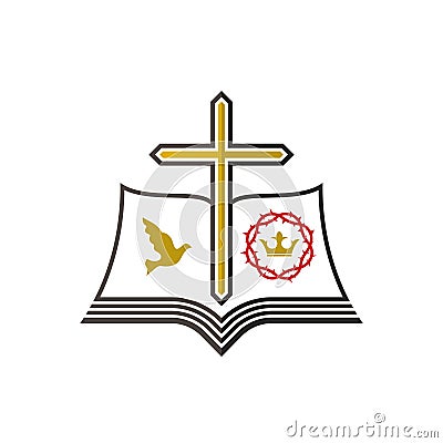 Church logo. Dove, crown of thorns, cross, pages Bible. Vector Illustration