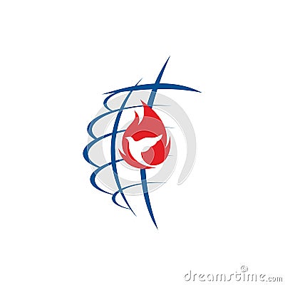 Church logo. The globe, the cross of Jesus Christ and the dove in the flames of fire Vector Illustration