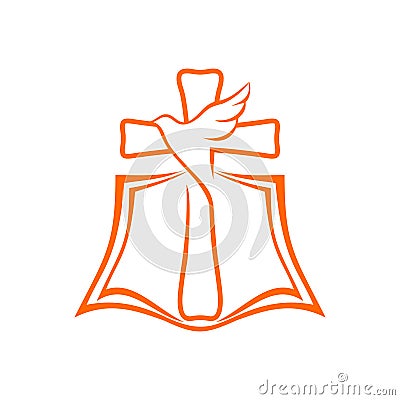 Church logo. The open bible, the cross of Jesus Christ and the dove are a symbol of the Holy Spirit Vector Illustration